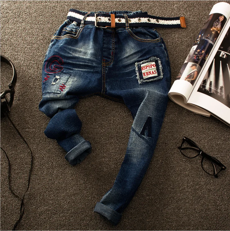 Embroidery Blue Jeans Boys Full Length Denim Pants Boys Trousers 2018