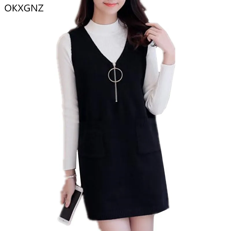 

OKXGNZ Women Dress 2017 Fashion Two-piece Sweater Vest Dress Spring/Autumn Han Edition Knit Costume Pocket Loose Large Yards H44