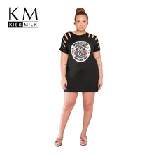 Kissmilk Women Plus Size Floral Print Mini Punk T-shirt Dress Cut Out Short Sleeve Club Party Dress Large Size Dress 3XL 7XL