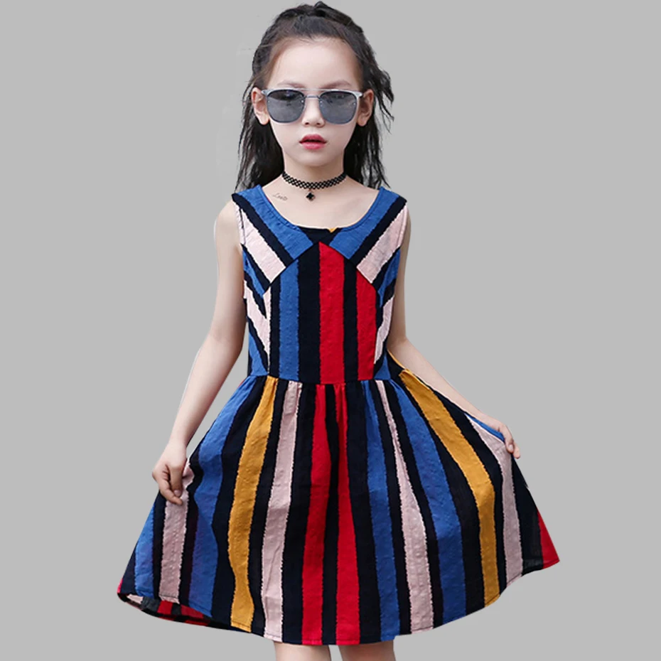 

Girls Dress Summer Vestido Menina Colorful Stripe Party Dress For Girls Teenage 100% Cotton Kids Girls Clothes 6 8 10 12 14 Year