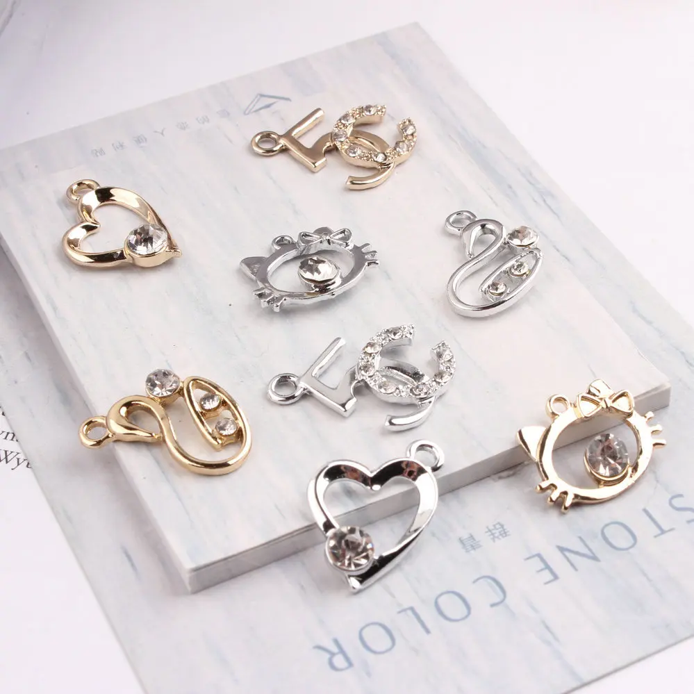 

Free Shipping 100Pcs Zinc Alloy Charms Rhinestone Crystal Paved Animal Swan Cat Love Heart Number 5 Floating Pendant Charm Craft