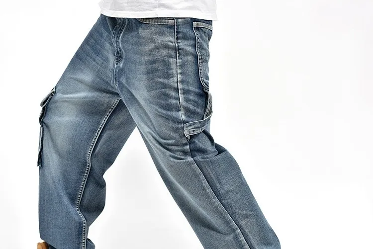 Новое поступление мужские синие мешковатые джинсы с боковыми карманами в стиле хип-хоп дизайнерские брендовые штаны для скейтборда свободный стиль размера плюс 30-46