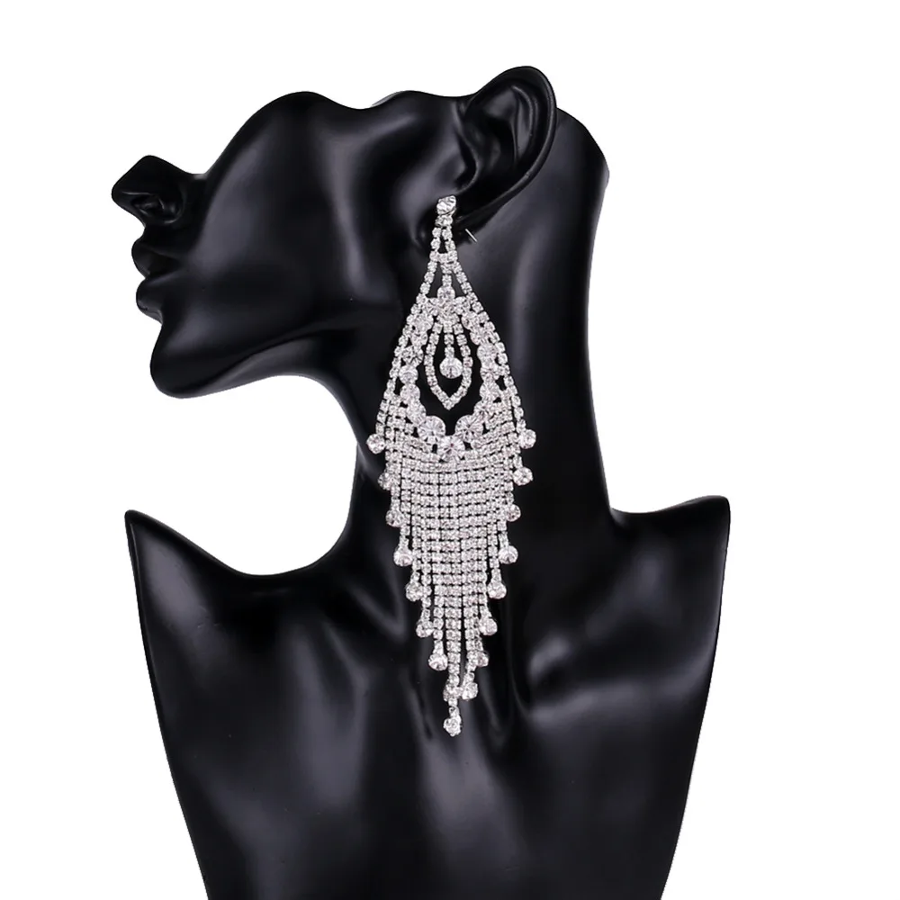 

Shevalues 2017 Women Wedding Glistening AB Rhinestone Long Tassel Drop Earrings Bridal Hollow Hanging Earring Jewelry Brincos