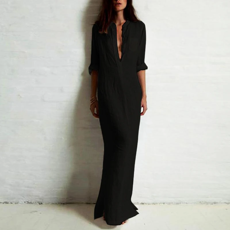 

2019 Autumn Plus Size 5XL Women Shirt Dress Retro Long Maxi Dress Long Sleeve V neck Split Long Gowns Elegant Ladies Robe female