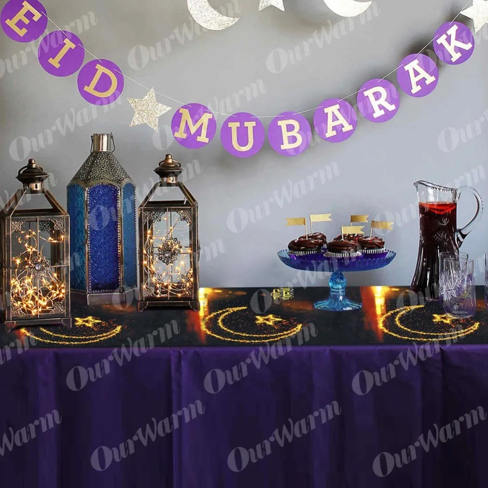 OurWarm Happy EID Mubarak Декор Рамадан карем календарь Настольный бегун синий черный блестящий золотой мусульманский вечерние EID Рамадан фестиваль