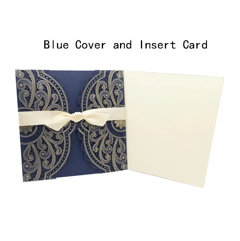 50 шт. синий, белый, золотой, красный лазерная резка, для свадьбы, пригласительные открытки, элегантный на заказ с лентой, свадебное мероприятие, день рождения, вечеринка, украшение - Цвет: Blue Cover Insert