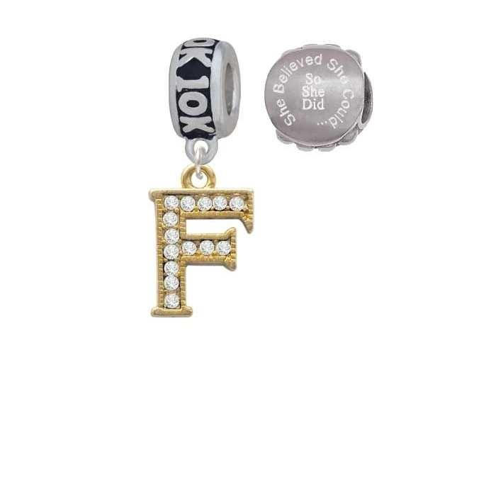 Goldtone Crystal Initial - F - 10K Run She Believed She Could Charm Beads (Set of 2)
