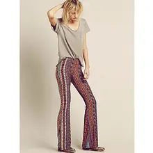 Hot Bell Bottom Pants Hippie Boho Multi Paisley Print Stretch Wide Leg Trousers