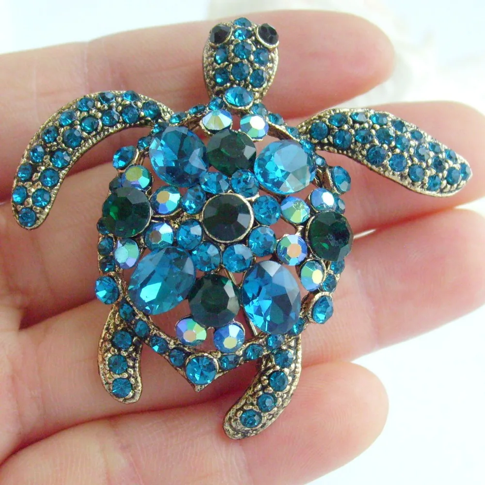 Lovely Turtle Tortoise Brooch Pin Blue Green Rhinestone crystals EE03344C7in Brooches from