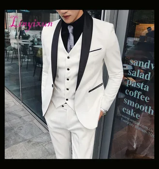 

Linyixun groom wedding suit white with contrast collar black men tuxedo costume homme marriage smoking homme ternos masculino