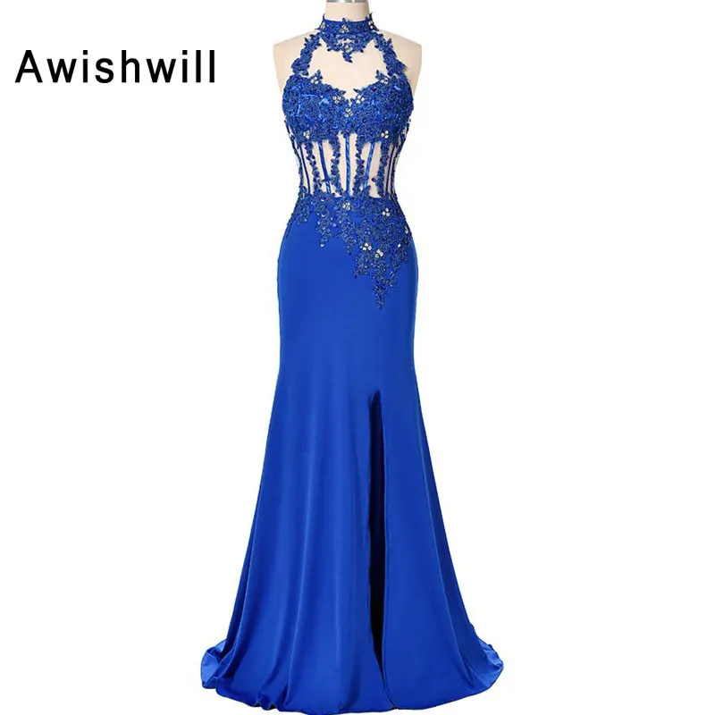 Custom Made High Neckline Appliqued Satin Backless Mermaid Prom Dress