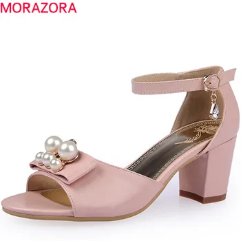 

MORAZORA new arrival 2020 spring summer women sandals high heels square heel solid with buckle butterfly knot ladies shoes