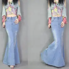 Весенне-осенние женские джинсовые юбки с рыбьим хвостом для девочек, студенческие длинные макси юбки с высокой талией, синяя джинсовая юбка в пол с разрезом