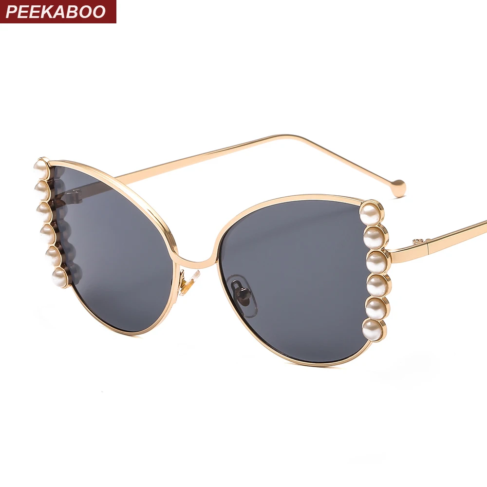 

Peekaboo pearl cat eye sunglasses women luxury brand designer 2019 metal frame cat eye sun glasses for women female gift