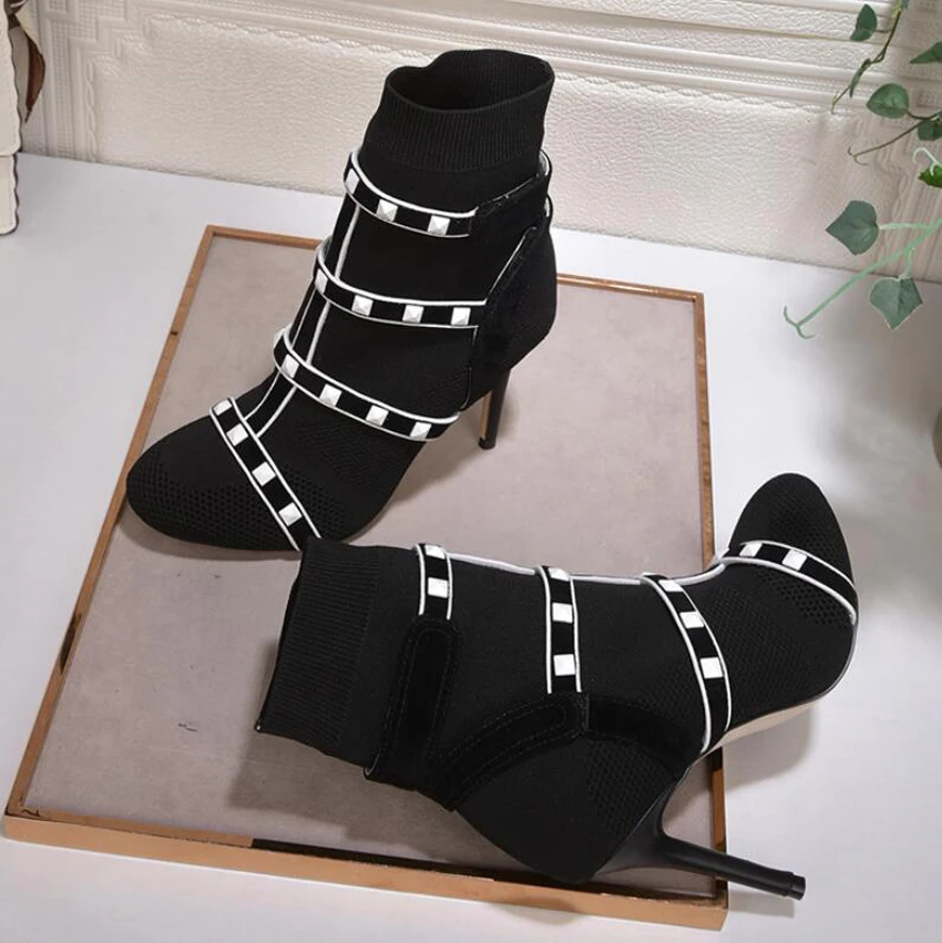 Stylesowner/Новые весенние эластичные трикотажные полусапожки; женские лоскутные носки с заклепками; обувь; модные дизайнерские туфли-лодочки на шпильке