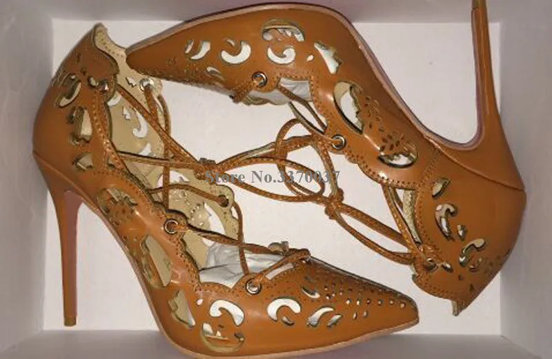 Brand Fashion Women Pointed Toe Gold Carved Thin Heel Pumps Lace-up Red White High Heels Formal Dress Shoes