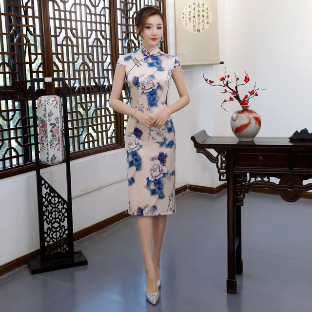 Cheongsam средней длины традиционное китайское Стильное женское платье из вискозы тонкое Qipao Новое поступление Vestidos Размер M L XL XXL XXXL 4XL 9992