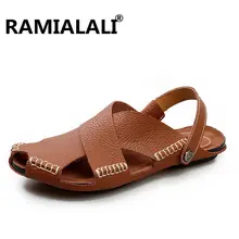 Летние Пляжные Шлепанцы; модные сандалии из натуральной кожи; мужская обувь на плоской подошве; дышащие мягкие повседневные сандалии