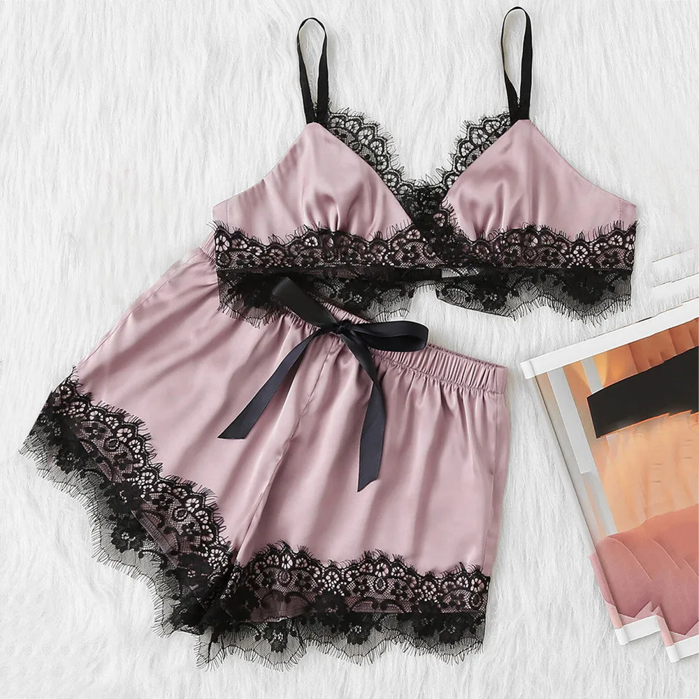 

2019 Women Sleepwear Sleeveless Strap Nightwear Lace Trim Satin Sling Cami Top Pajama Sets Sexy Bowknot Lingerie Intimate #VB7