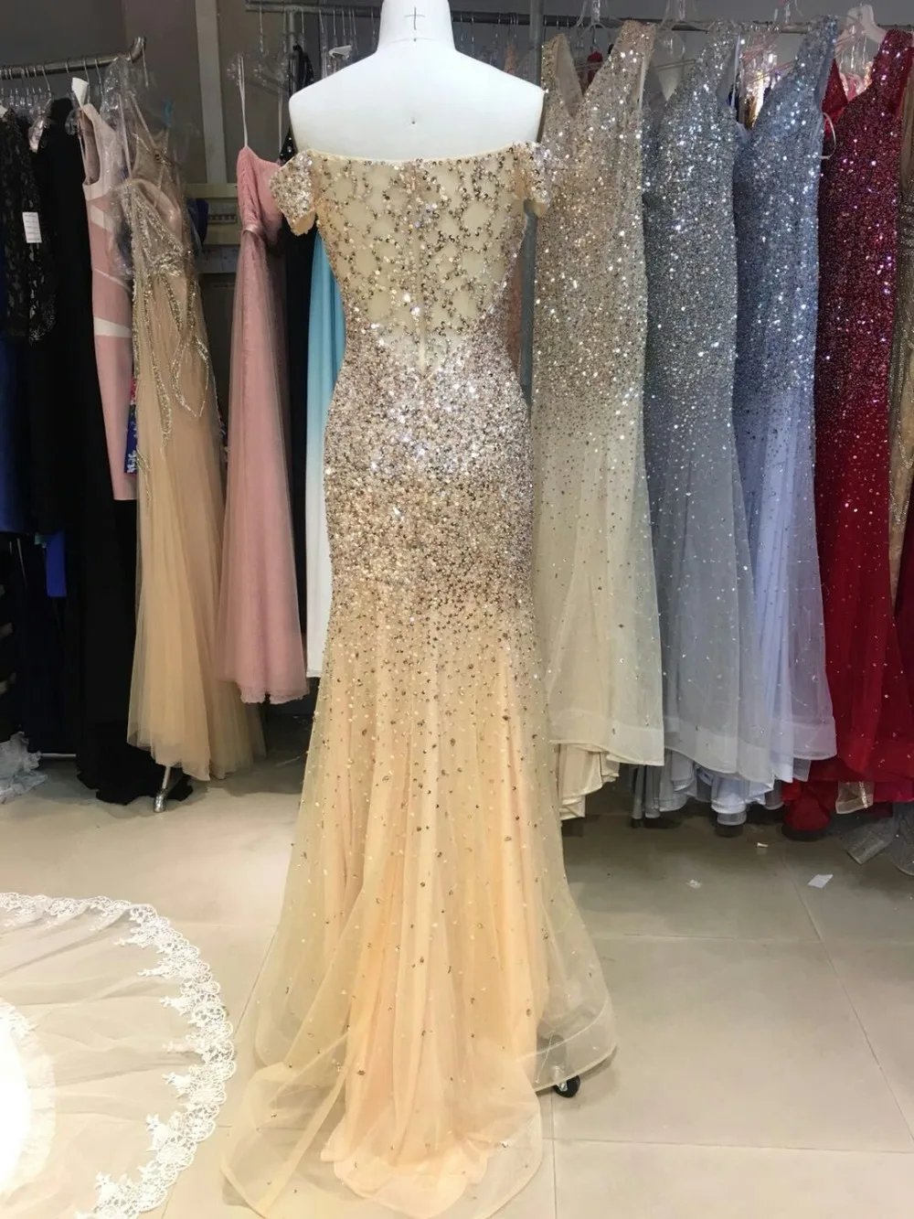 off the shoulder  long gown women champagne