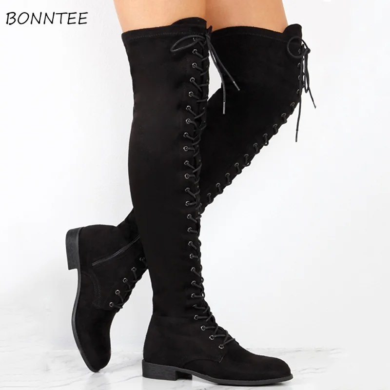 

Boots Women 2018 Fashion Over The Knee Flock Long Boot Lace Up Round Toe Square Heel Platform Shoes Womens European Plus Size