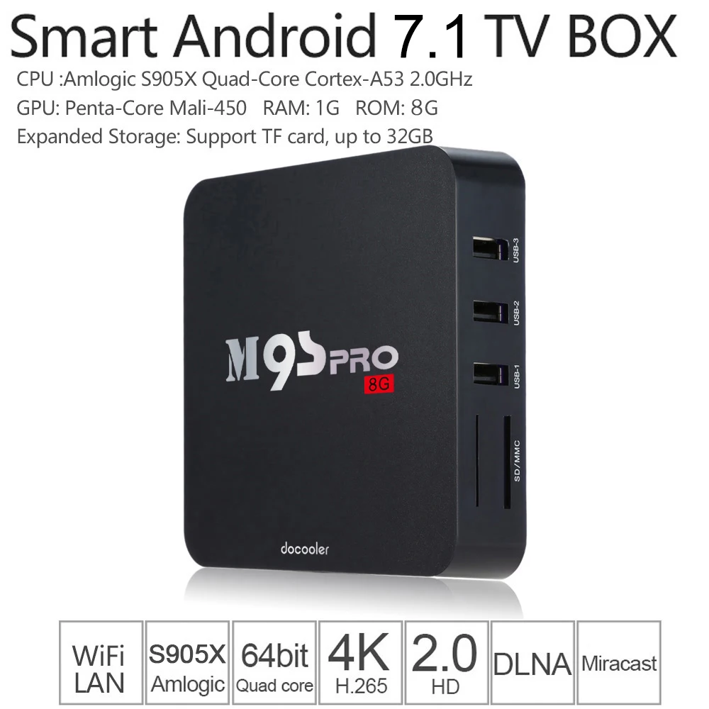 

Docooler M9S-PRO Android 7.1 TV Box S905X Quad Core VP9 UHD 4K 1G/8G Mini PC WiFi H.265 DLNA Miracast HD Media Player US Plug