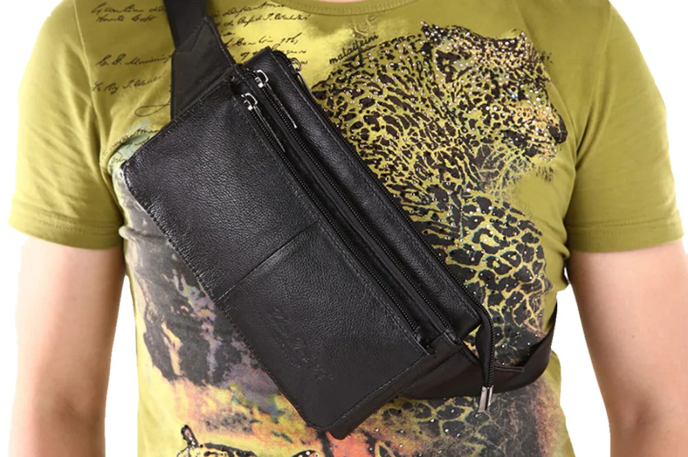 

New Men's Cowhide Genuine Leather Messenger Shoulder Chest Purse Bum Hip Belt Fanny Bag Waist Multi-Pockets Pack Travel Male
