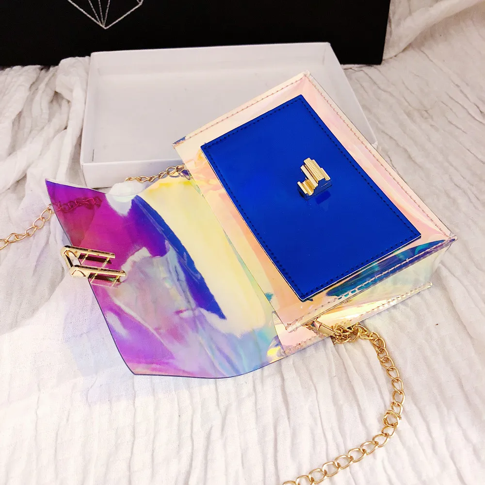 أكياس Crossbody للنساء 2019 الإناث الليزر شفافة رفرف غطاء غلق بمشبك حقائب السيدات سلسلة الكتف رسول PVC حقيبة # L5