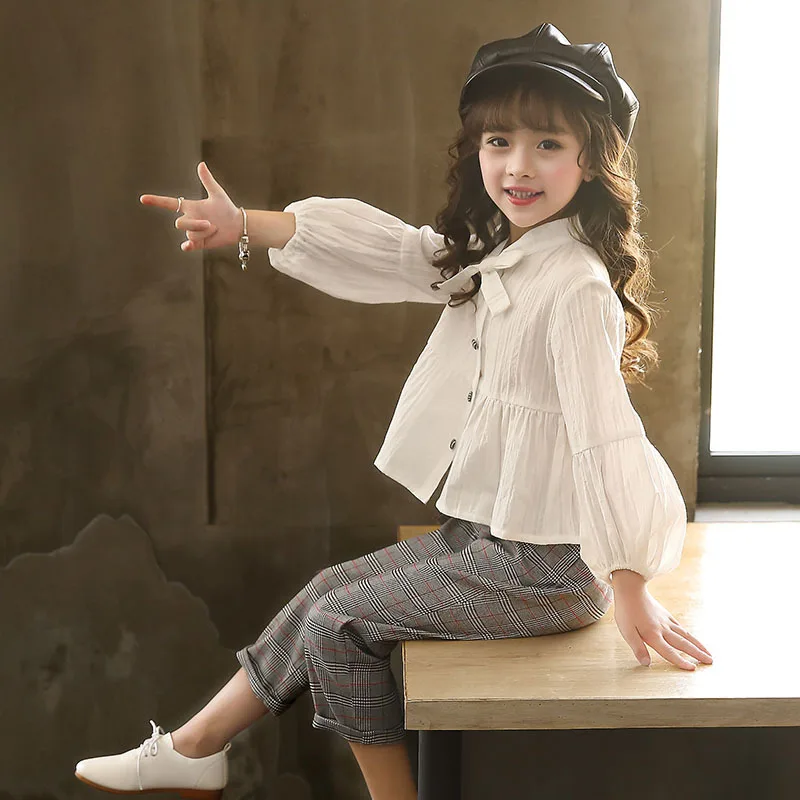 

2018 autumn girls clothing sets white blouse +trousers 2 pieces teenage 12 years old