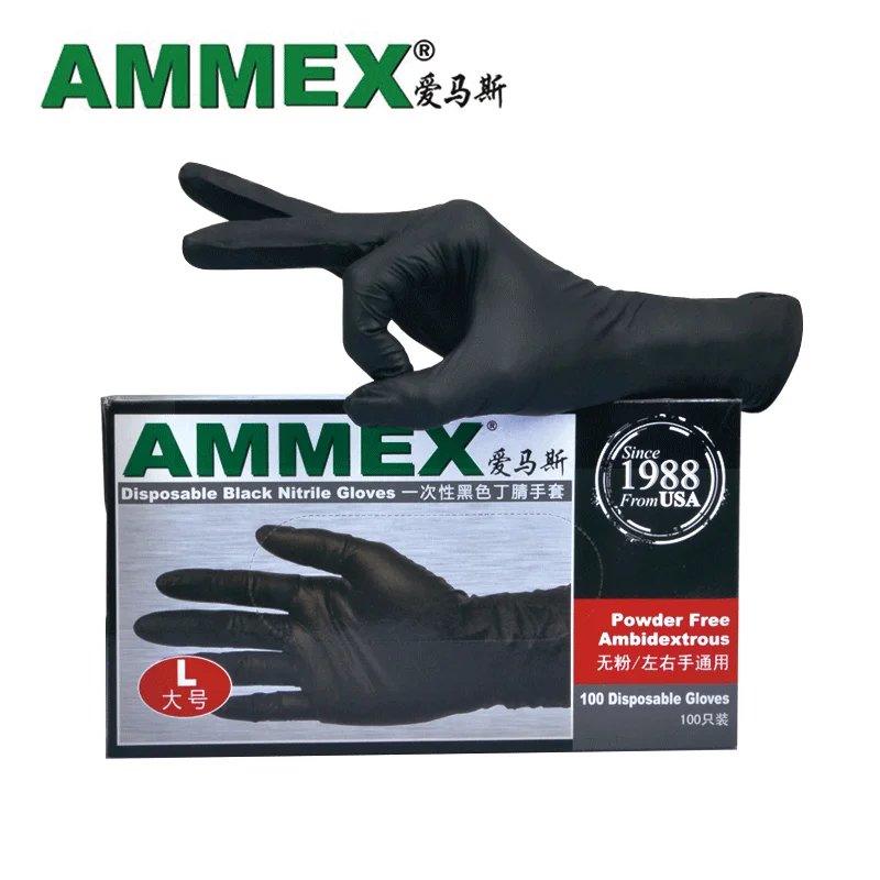 AMMEX Одноразовые черные/синие нитриловые перчатки(без порошка) 100 штук/промышленное производство механическое обслуживание перчатки татуировки - Цвет: BLACK 5g 9inch
