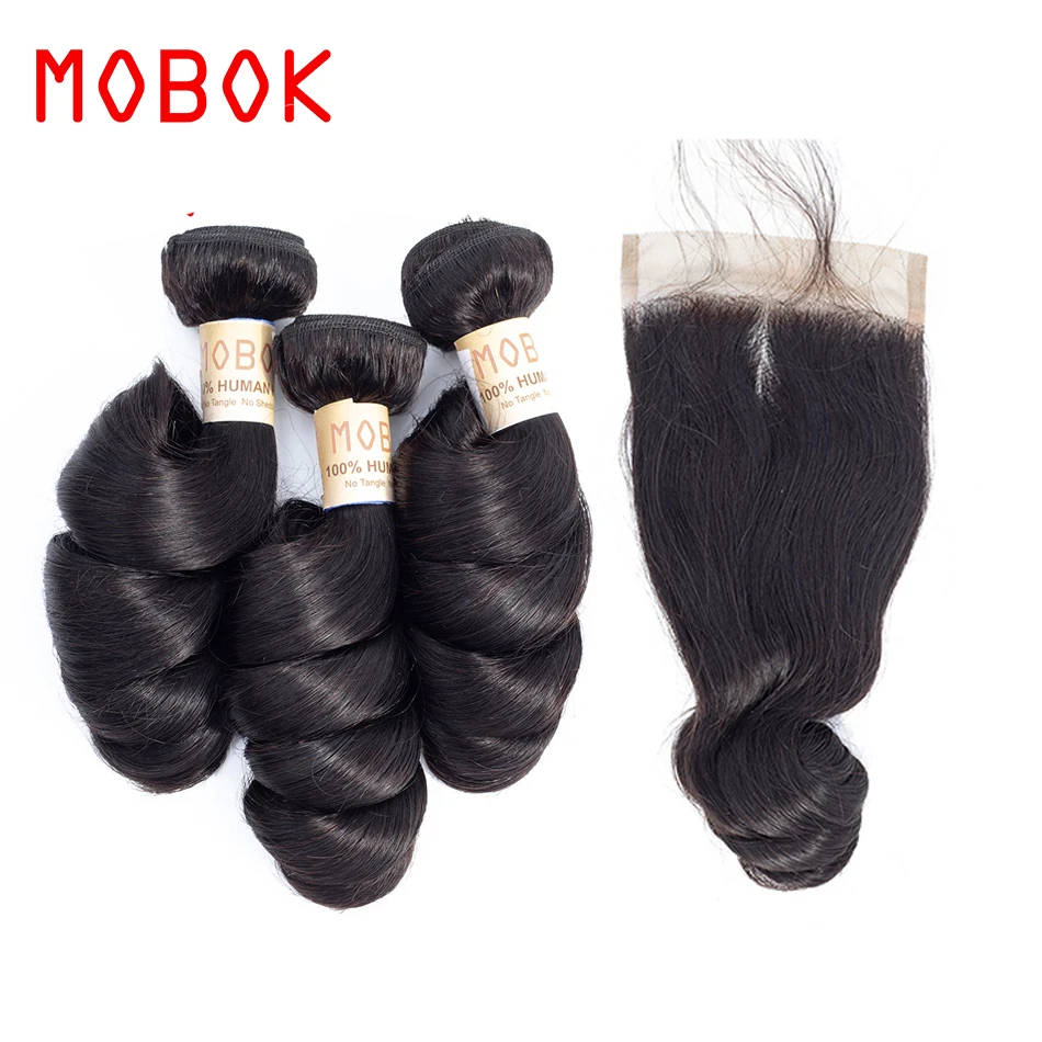 

MOBOK Indian Loose Wave 4PCS 100% Human Hair Weave Bundles With Closure Hair3 Bundles With Closure Non Remy Natural Color