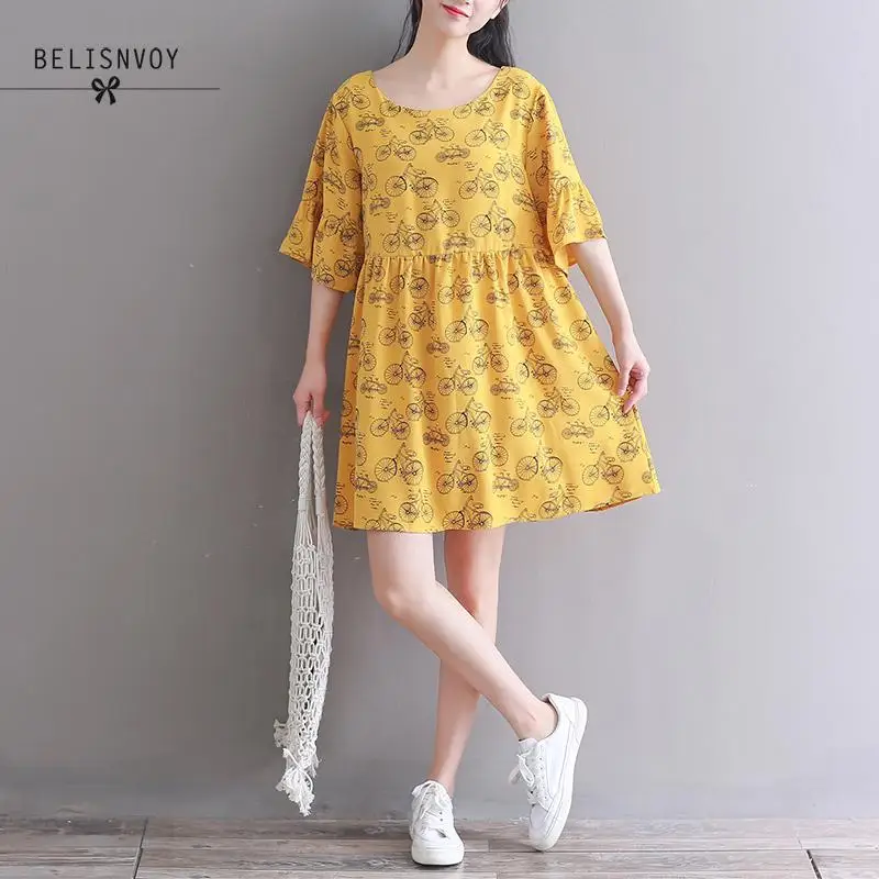

Summer Floral Printed Cotton Linen Women Dress Loose Elegant Short Sleeve Vestidos De Festa Mori Girl Sweet Dress Plus Size