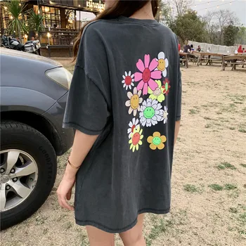 

2019 spring Summer holiday style floral print short sleeve crop top loose grey t shirts womens tee shirt femme (R4423)