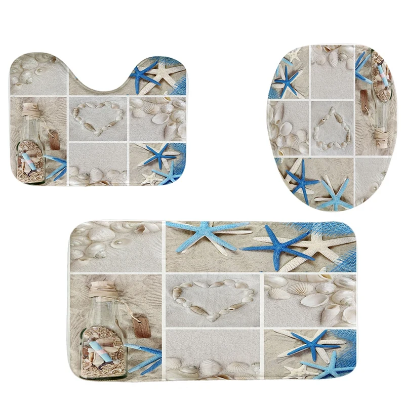 

4Pcs Home Bathroom Decor Set Blue Starfish Pattern Toilet Seat Cover Bath Mat Set+Waterproof Shower Curtain