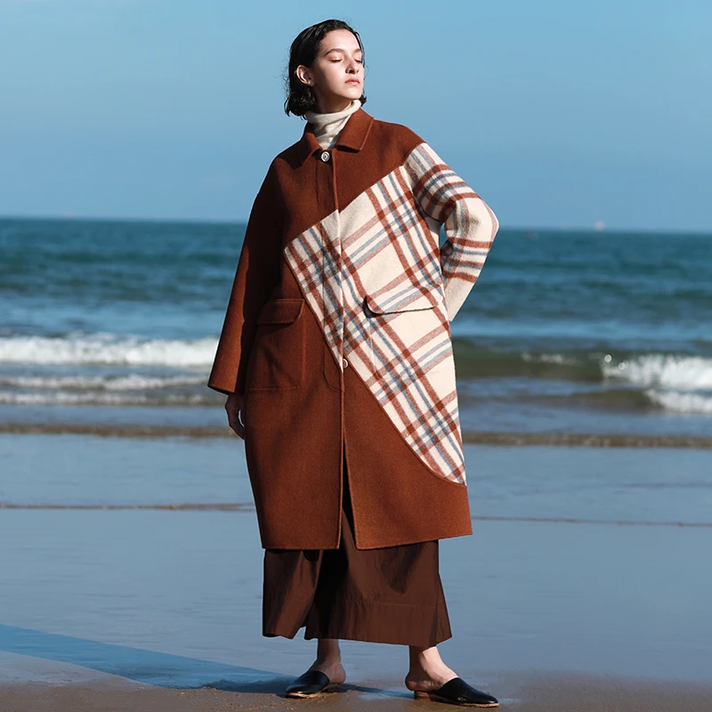 

2018 AW Collection original design plaid patchwork caramel color oversized long handmade double faced wool coat women