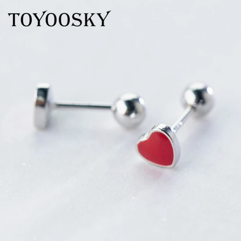 TOYOOSKY красное сердце серьги гвоздики Настоящее 925 пробы серебро с гладким шариком уха аксессуары ювелирные изделия оптом