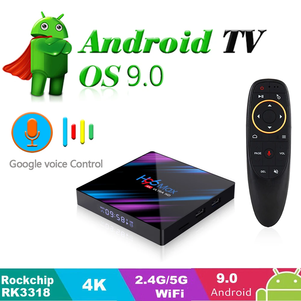 

H96 MAX Android 9.0 TV Box H.265 4K H96MAX Voice Remote Google Quad Core 5G Wifi 9.0 Android TV Box 4GB RAM 2GB Netflix Youtube