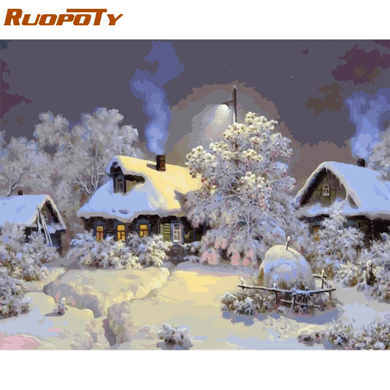 

RUOPOTY Frame Picture Snow Countryside DIY Painting By Numbers Hand painted Oil Painting Modern Wall Art Picture For Home Decor