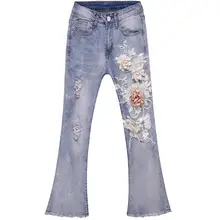 Летние винтажные женские джинсы середине талии Роскошные джинсовые брюки Мода Вышитые отверстия лодыжки длина джинсы плюс размер