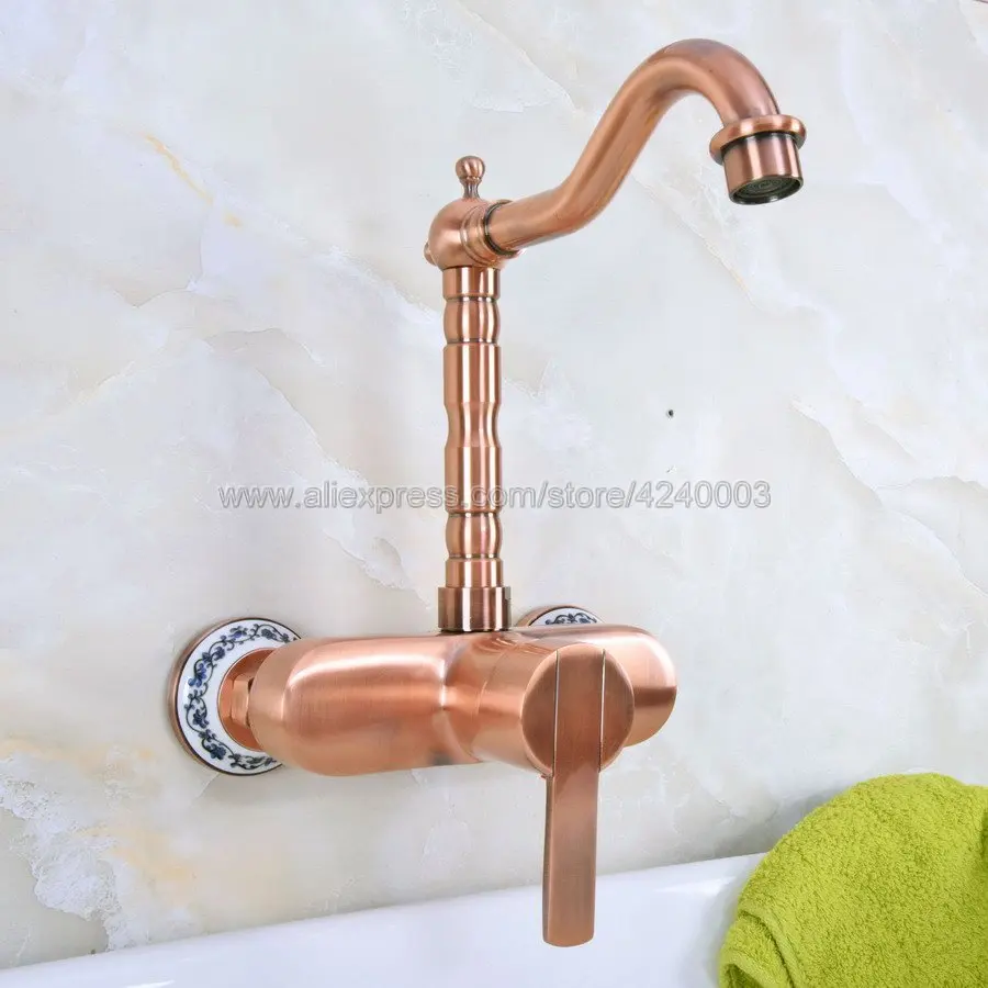 Antique Red Copper Tow Hole Wall Mounted Bathroom Basin Faucet 360 Swivel Spout Kitchen Sink Mixer Taps Kna939