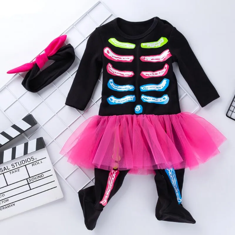 Детский костюм на Хэллоуин; Детский комбинезон с принтом скелета; кружевное платье; повязка на голову; комплекты из 2 предметов; праздничная одежда для маленьких мальчиков и девочек