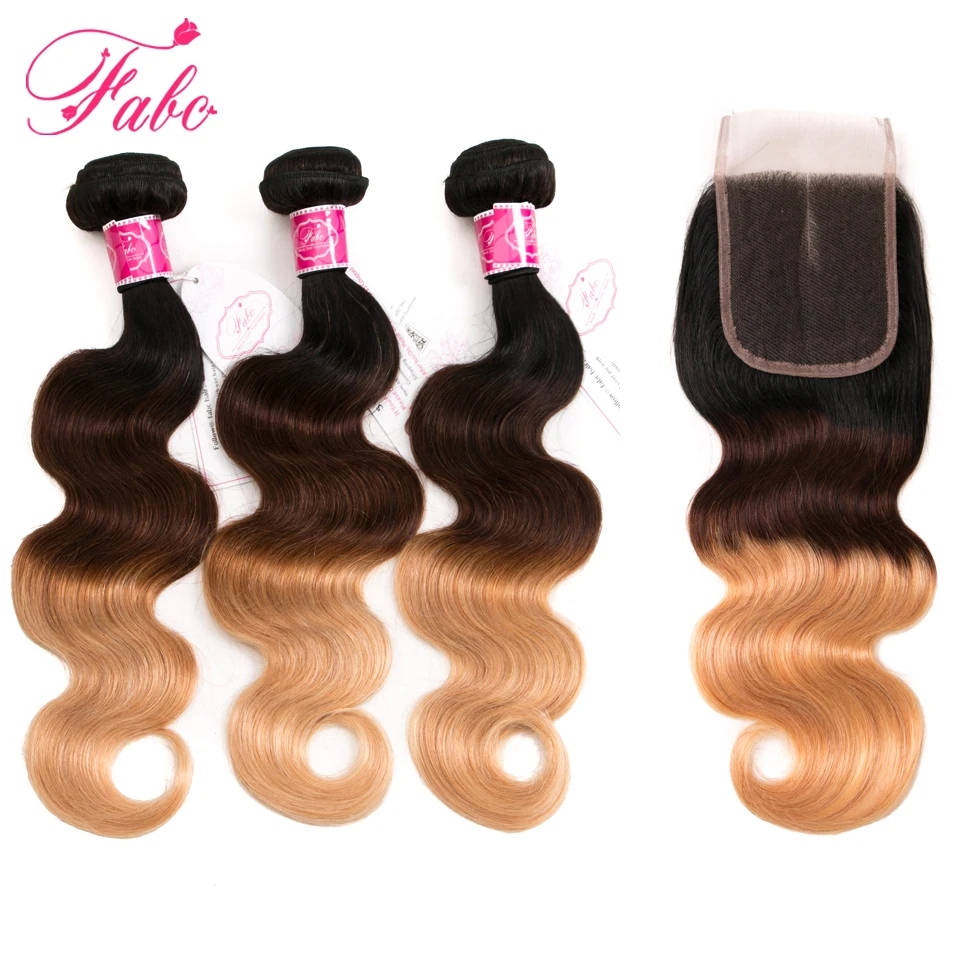 Buy 3 Get 4 FABC Hair Ombre Brazilian Human Hair Weave Body Wave 3 Bundles with Closure Middle Part 1B/4/27 Blonde Non-Remy Hair brazilian-body-wave-hair-with-closure