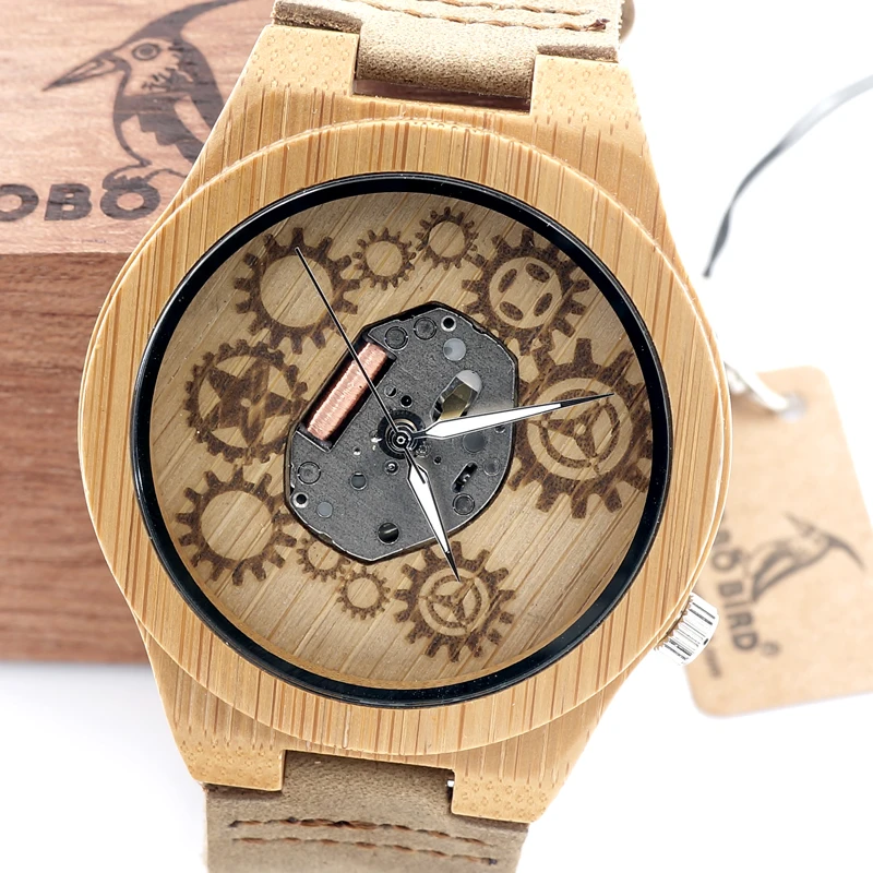 BOBO BIRD Men Bamboo Wood Watch Miyota Japanese 2035 Movement With Genuine Cow Leather Band Quartz Analog Watch