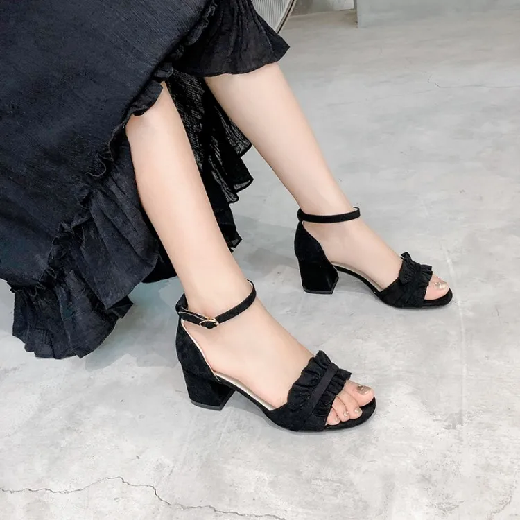 

Big Size 11 12 13 14 15 16 High heels sandals women shoes woman summer ladiesRough-heeled Sweet Lotus Leaf with Button Sandals