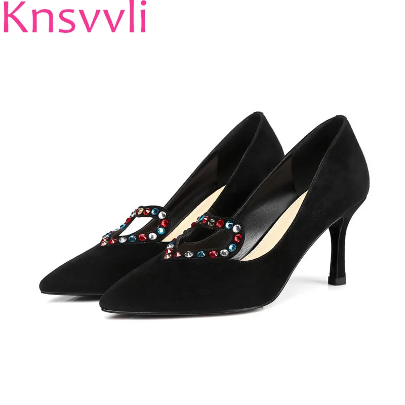 

Knsvvli Grace Hollow Out Peach Heart Dermis Black High Heel Women Shoes Multicolour Rhinestone Pointy Stilettos Woman