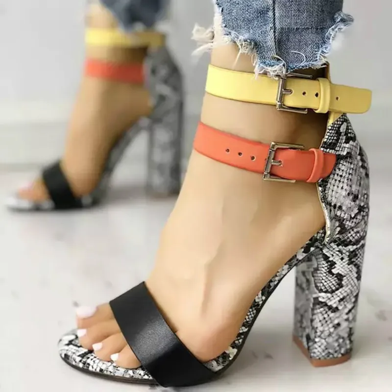 

Women Pumps Snake High Thick Heels Leather Buckle Strap Peep Toe Ladies Sandals Casual Party Wedding Shoes Zapatos Mujer 8520W
