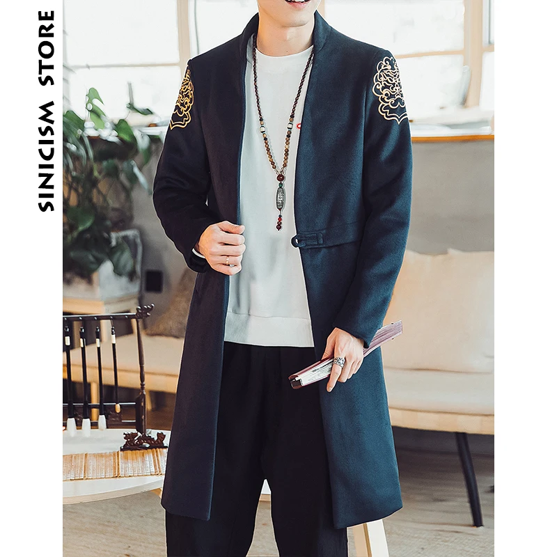 Sinicism Store Men Trench Coat 2018 Man Chinese Embroidery Long Trench