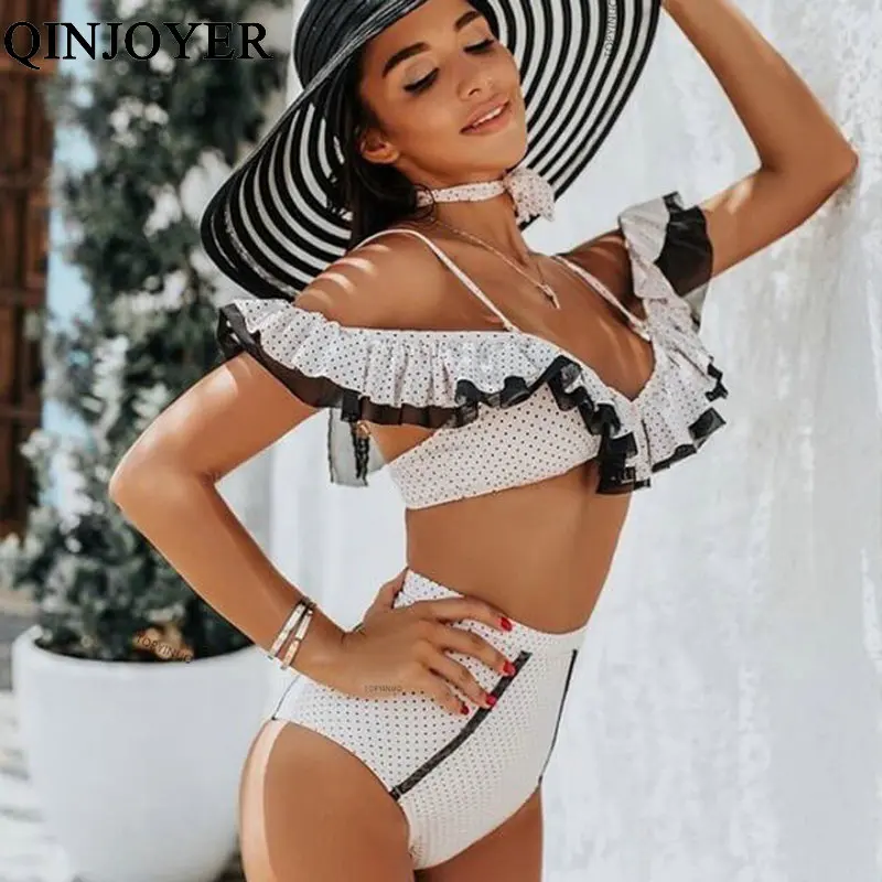 

QINJOYER High Waist Bikini Set Women 2019 Retro Ruffle Swimsuit Vintage Dot Triangle Bikini Female Push Up Swim Wear Beach