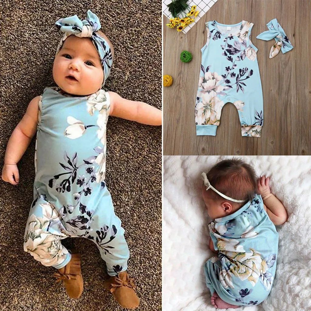 

kids clothes set for girls Baby Boys&Girls Sleeveless Flower Print Floral Romper Jumpsuit+Headband carters menina#P45U