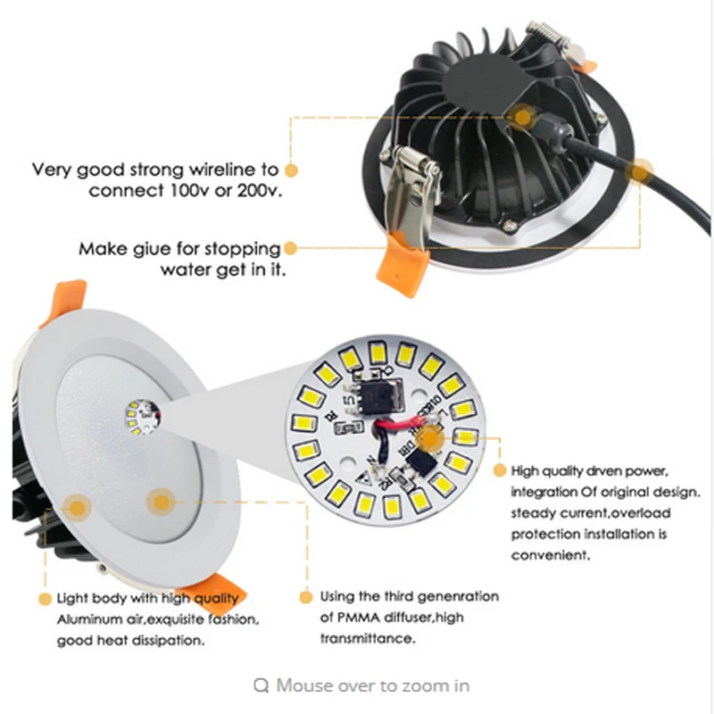 Водонепроницаемый/противопожарный светодиодный светильник IP65 Светодиодный светильник Точечный светильник 12 Вт/9 Вт/7 Вт/5 Вт супер яркий AC220V встраиваемый потолочный светильник